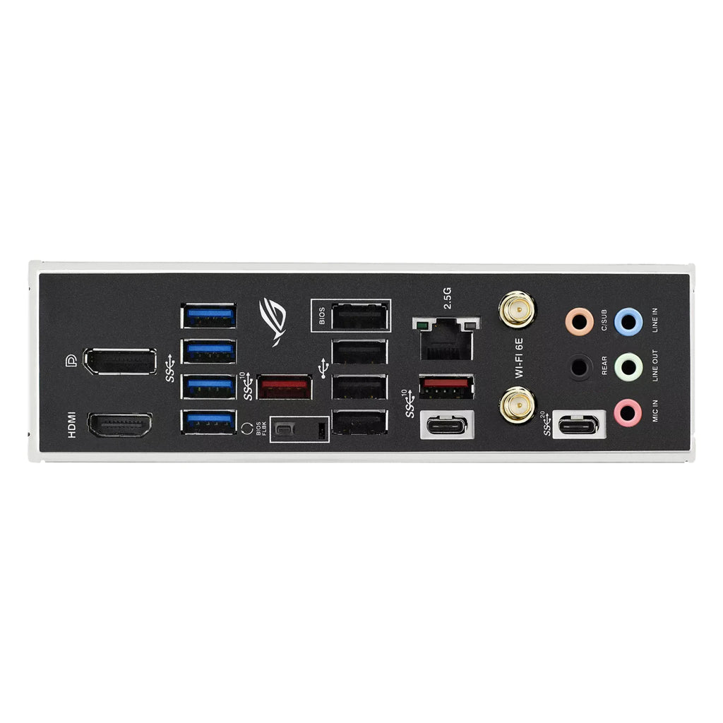 ASUS ROG STRIX B650E-F GAMING WIFI — vue de face sur fond blanc carré — réf. 90MB1BQ0-M0EAY0