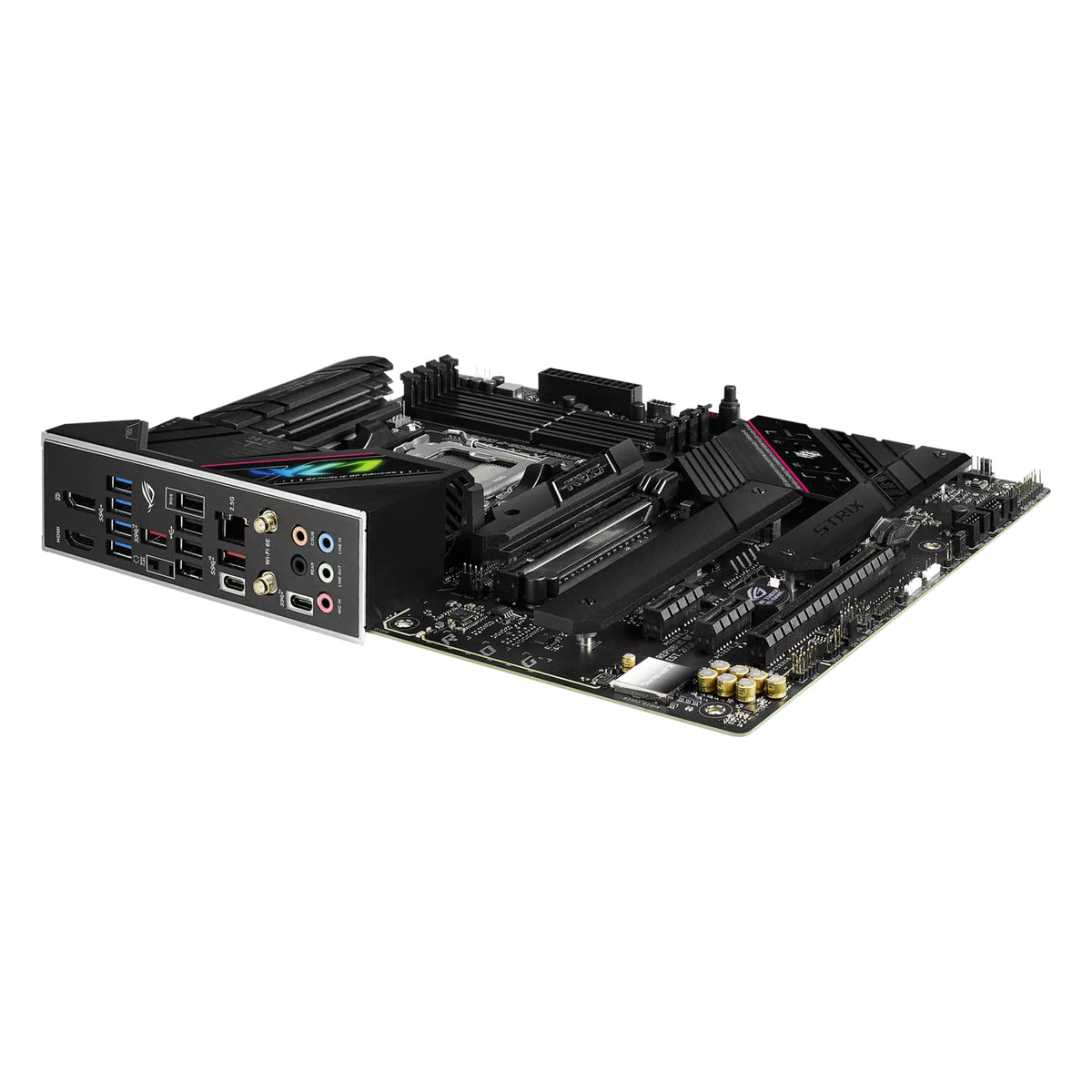 ASUS ROG STRIX B650E-F GAMING WIFI — connectique arrière sur fond blanc carré — réf. 90MB1BQ0-M0EAY0