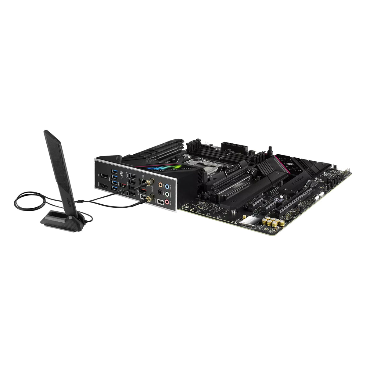 ASUS ROG STRIX B650E-F GAMING WIFI — vue avec antenne Wi-Fi sur fond blanc carré — réf. 90MB1BQ0-M0EAY0