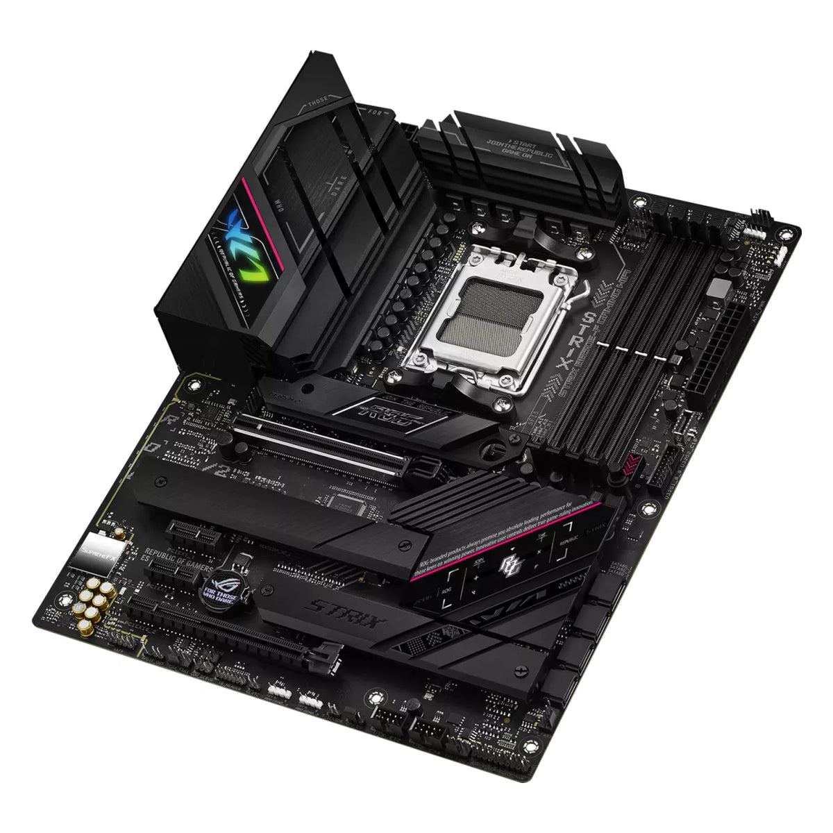 ASUS ROG STRIX B650E-F GAMING WIFI — vue en perspective sur fond blanc carré — réf. 90MB1BQ0-M0EAY0