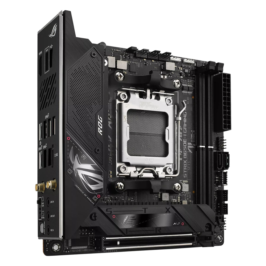 ASUS ROG STRIX B650E-I GAMING WIFI — vue produit 2 sur fond blanc carré — réf. 90MB1BI0-M0EAY0