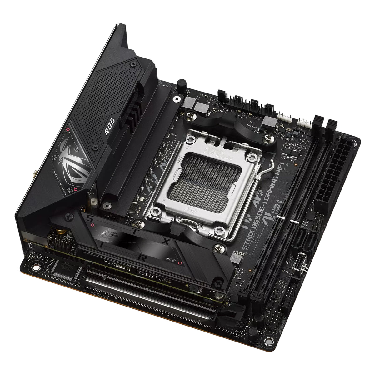 ASUS ROG STRIX B650E-I GAMING WIFI — vue produit 4 sur fond blanc carré — réf. 90MB1BI0-M0EAY0