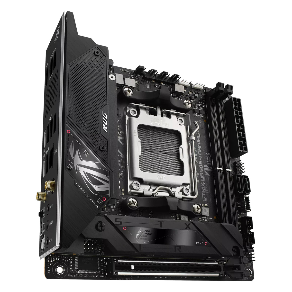 ASUS ROG STRIX B650E-I GAMING WIFI — vue produit 5 sur fond blanc carré — réf. 90MB1BI0-M0EAY0