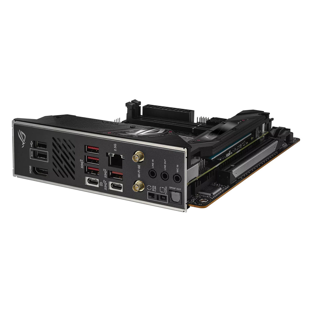 ASUS ROG STRIX B650E-I GAMING WIFI — connectique arrière sur fond blanc carré — réf. 90MB1BI0-M0EAY0