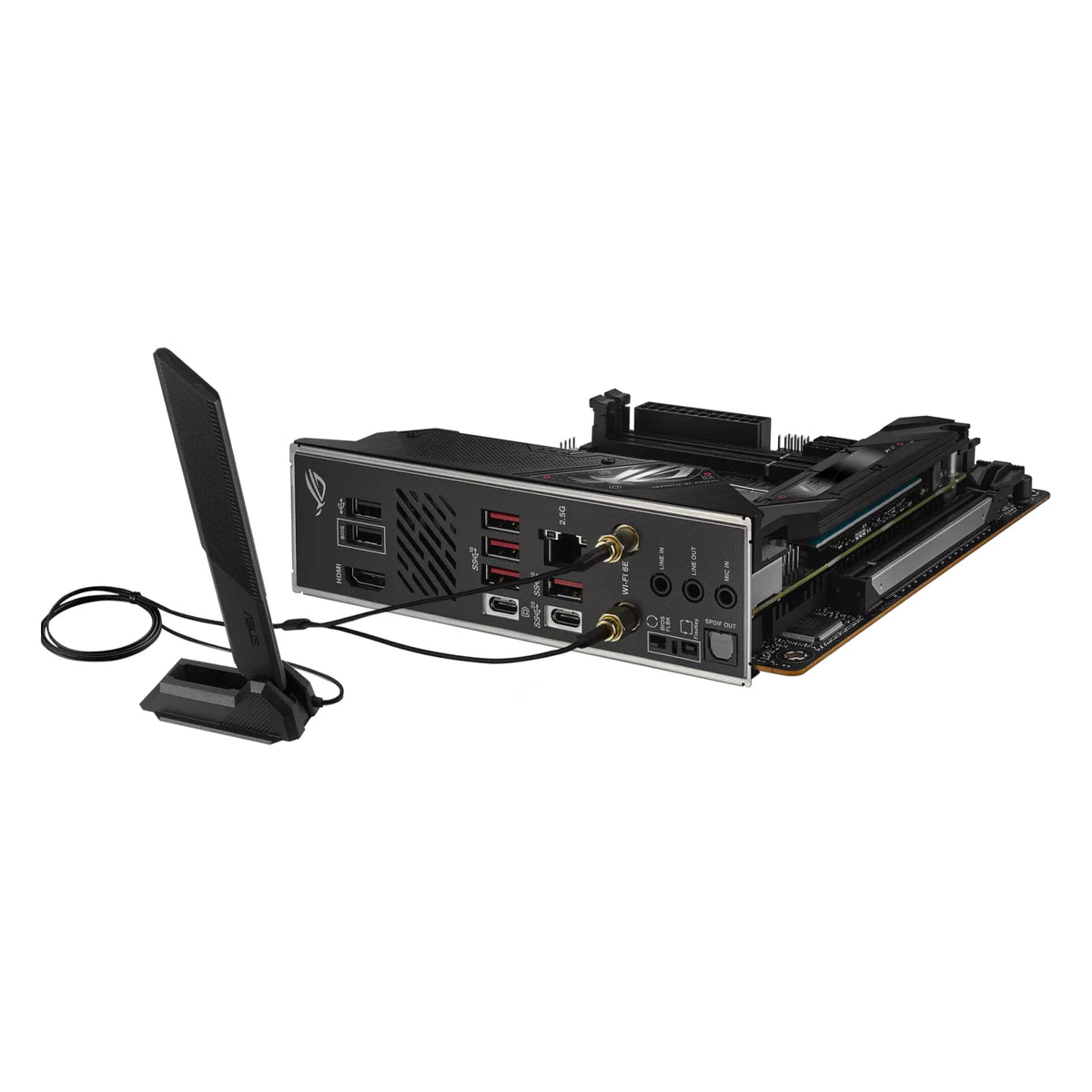 ASUS ROG STRIX B650E-I GAMING WIFI — vue avec antenne Wi-Fi sur fond blanc carré — réf. 90MB1BI0-M0EAY0
