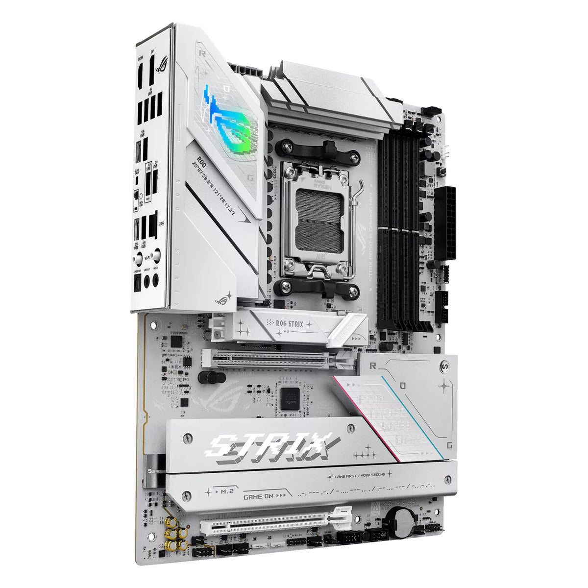 ASUS ROG STRIX B850-A GAMING WIFI — vue en perspective à 45 degrés sur fond blanc carré — réf. 90MB1J50-M0EAY0