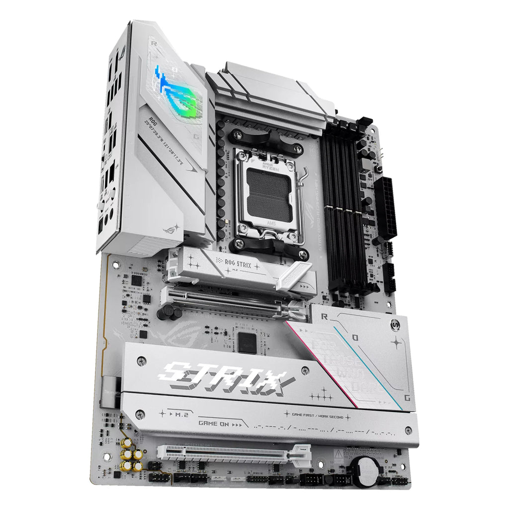 ASUS ROG STRIX B850-A GAMING WIFI — vue en perspective à 60 degrés sur fond blanc carré — réf. 90MB1J50-M0EAY0