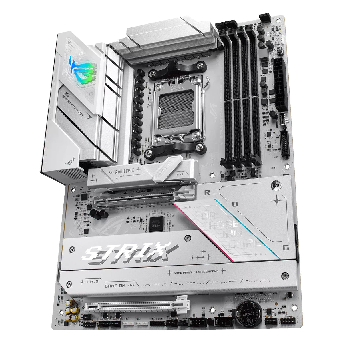 ASUS ROG STRIX B850-A GAMING WIFI — vue en perspective à 60 degrés sur fond blanc carré — réf. 90MB1J50-M0EAY0