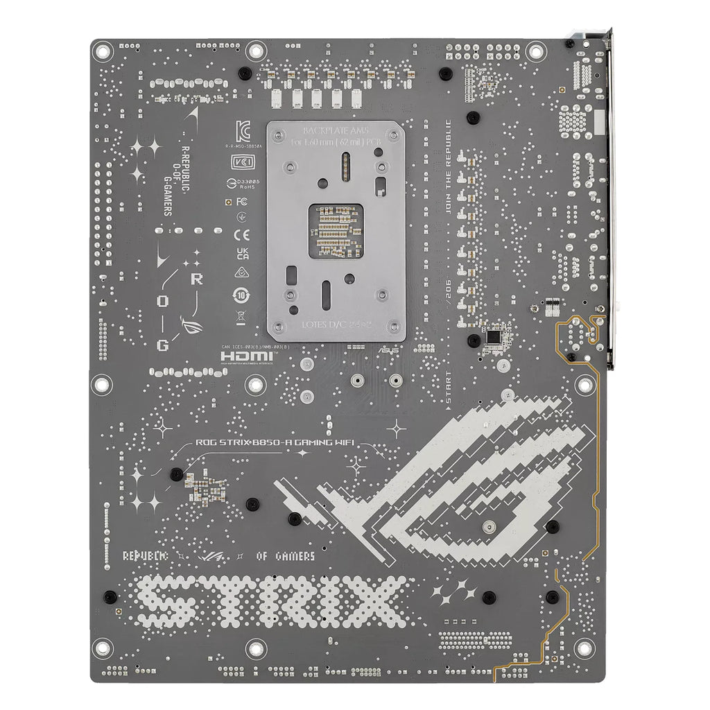 ASUS ROG STRIX B850-A GAMING WIFI — vue arrière sur fond blanc carré — réf. 90MB1J50-M0EAY0