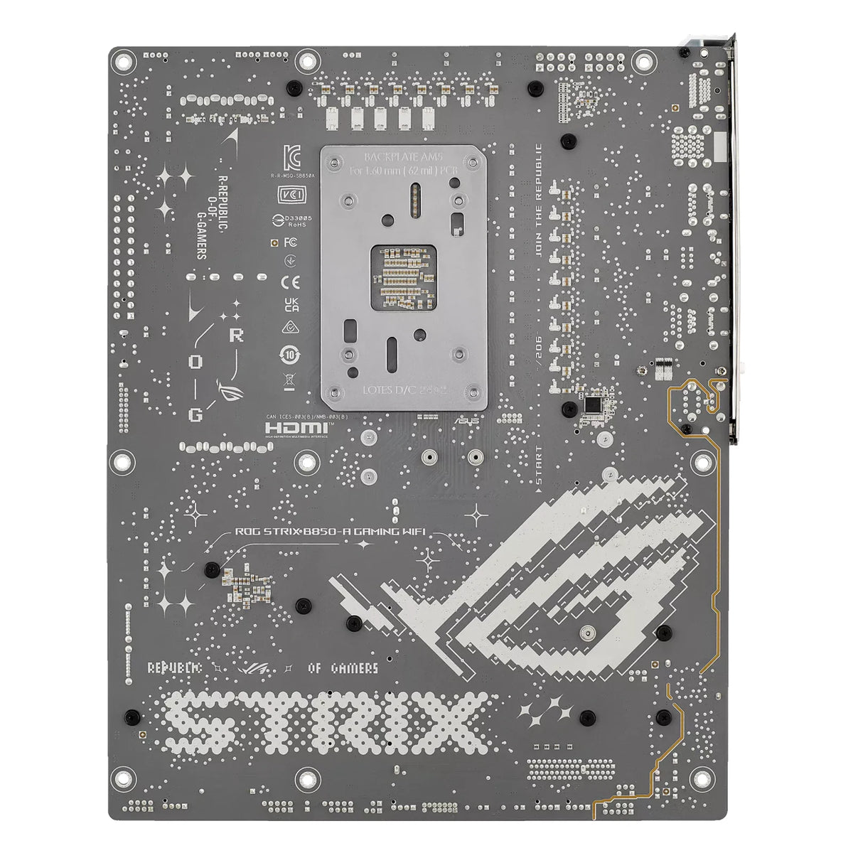 ASUS ROG STRIX B850-A GAMING WIFI — vue arrière sur fond blanc carré — réf. 90MB1J50-M0EAY0