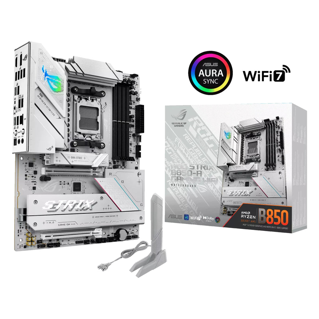 ASUS ROG STRIX B850-A GAMING WIFI — vue en perspective à 45 degrés sur fond blanc carré — réf. 90MB1J50-M0EAY0