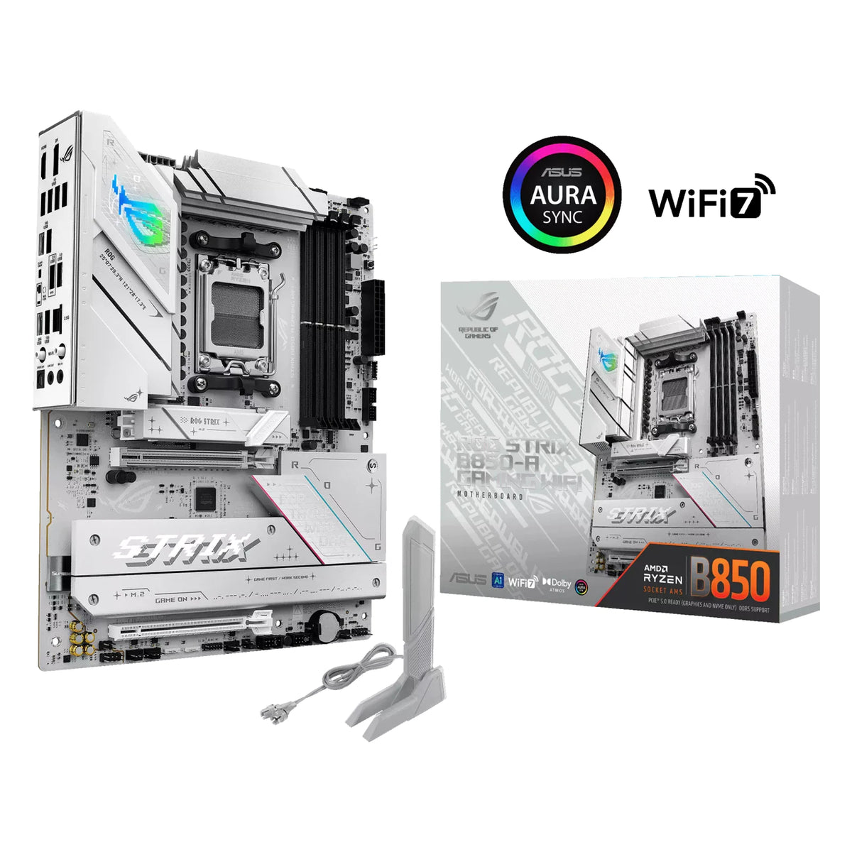 ASUS ROG STRIX B850-A GAMING WIFI — vue en perspective à 45 degrés sur fond blanc carré — réf. 90MB1J50-M0EAY0