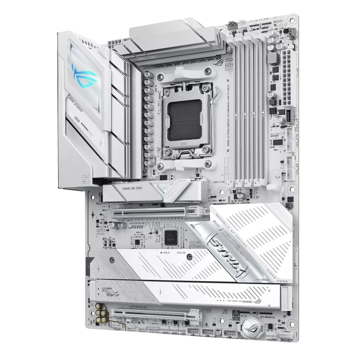 ASUS ROG STRIX B850-A GAMING WIFI7 NEO — vue en perspective sur fond blanc carré — réf. 90MB1P10-M0EAY0
