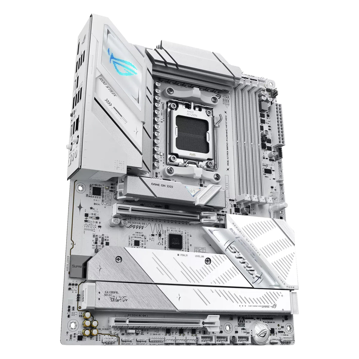 ASUS ROG STRIX B850-A GAMING WIFI7 NEO — vue en perspective sur fond blanc carré — réf. 90MB1P10-M0EAY0