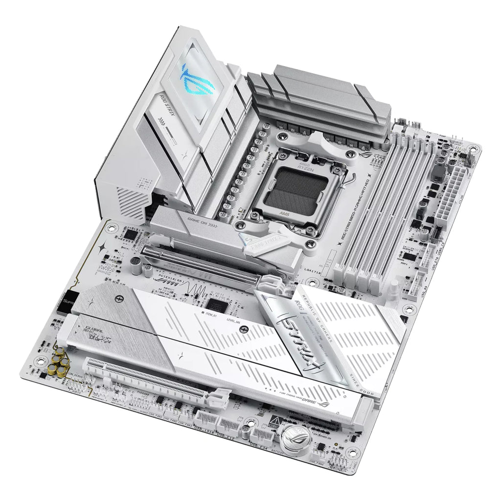ASUS ROG STRIX B850-A GAMING WIFI7 NEO — vue en perspective sur fond blanc carré — réf. 90MB1P10-M0EAY0