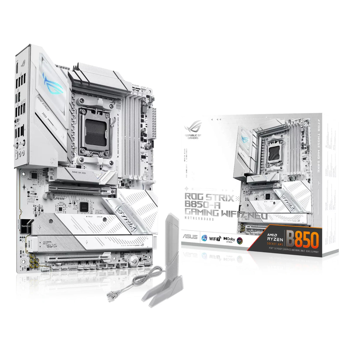 ASUS ROG STRIX B850-A GAMING WIFI7 NEO — vue avec emballage sur fond blanc carré — réf. 90MB1P10-M0EAY0