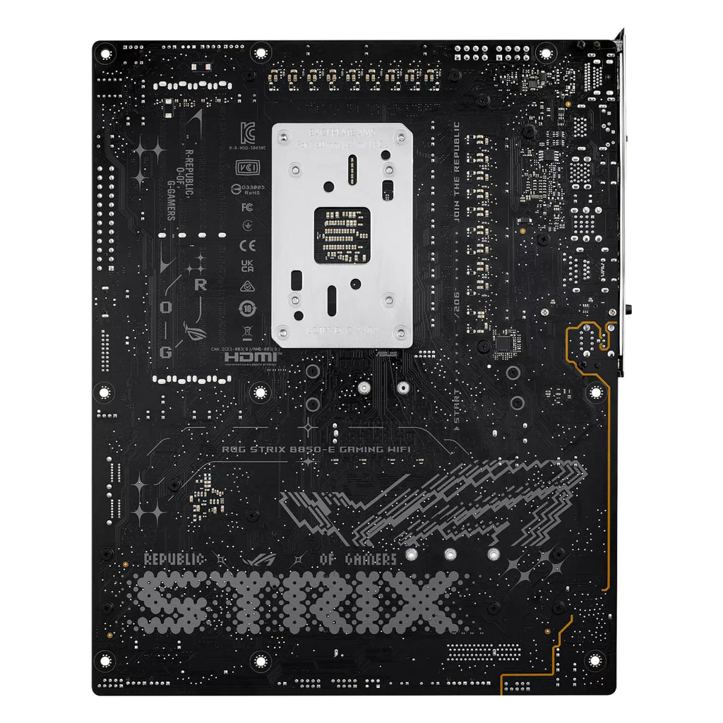 ASUS ROG STRIX B850-E GAMING WIFI — vue arrière sur fond blanc carré — réf. 90MB1J60-M0EAY0