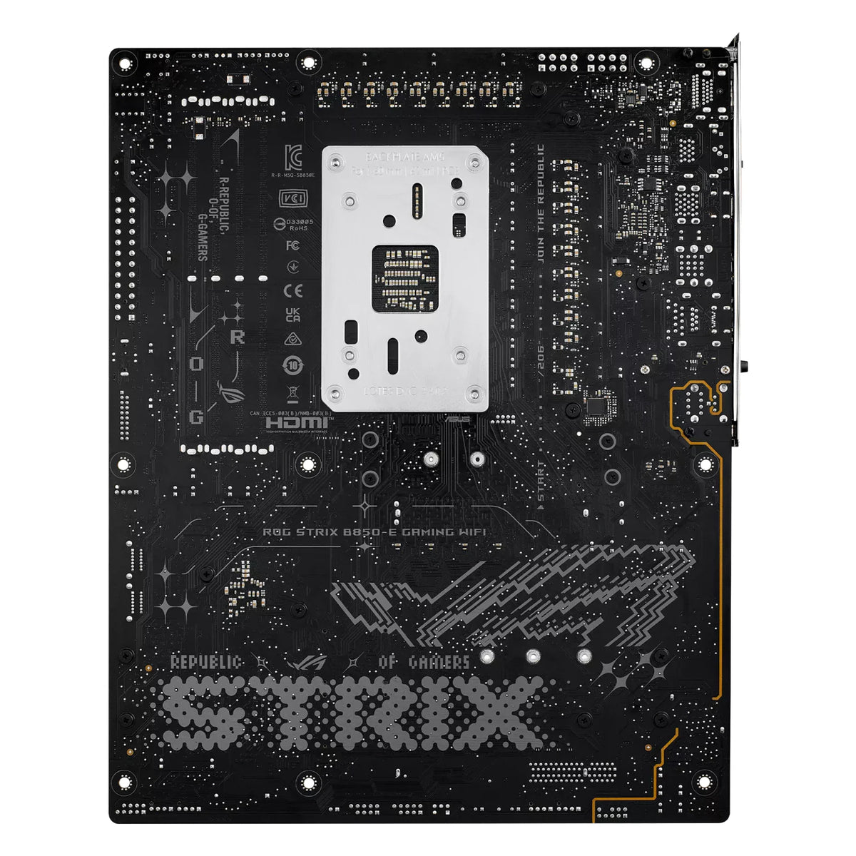 ASUS ROG STRIX B850-E GAMING WIFI — vue arrière sur fond blanc carré — réf. 90MB1J60-M0EAY0