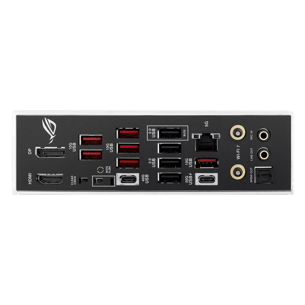 ASUS ROG STRIX B850-E GAMING WIFI — connectique arrière sur fond blanc carré — réf. 90MB1J60-M0EAY0