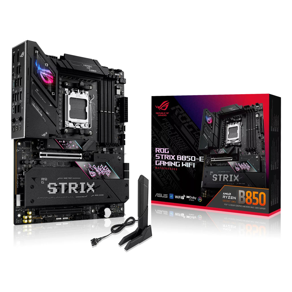 ASUS ROG STRIX B850-E GAMING WIFI — vue en perspective à 45 degrés sur fond blanc carré — réf. 90MB1J60-M0EAY0