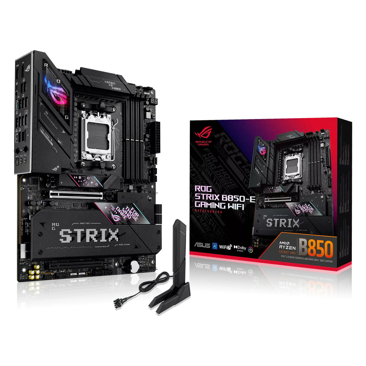 ASUS ROG STRIX B850-E GAMING WIFI — vue en perspective à 45 degrés sur fond blanc carré — réf. 90MB1J60-M0EAY0
