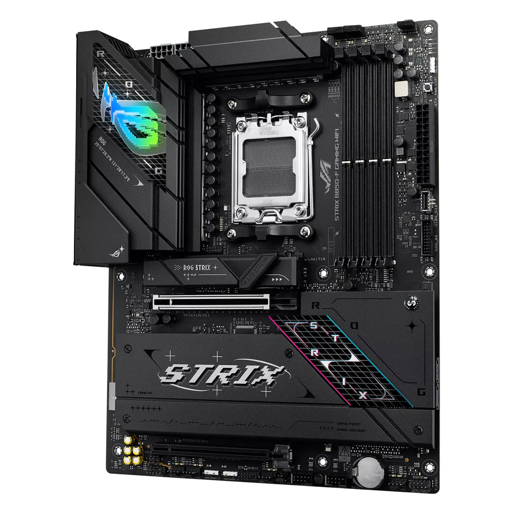 ASUS ROG STRIX B850-F GAMING WIFI — vue en perspective à 45 degrés sur fond blanc carré — réf. 90MB1J70-M0EAY0