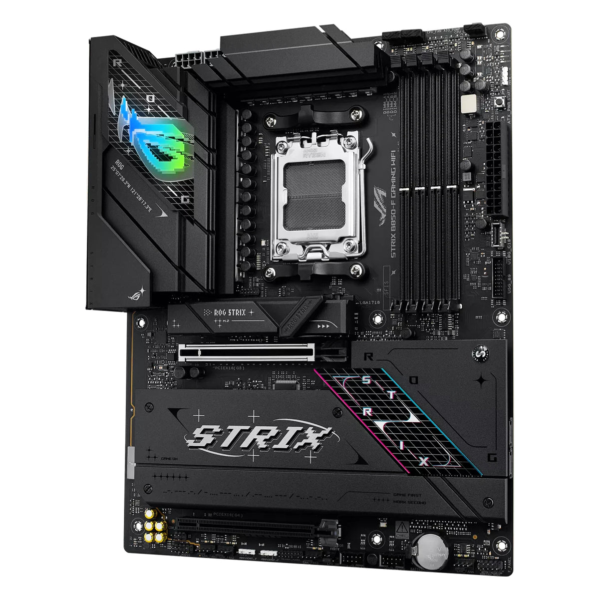 ASUS ROG STRIX B850-F GAMING WIFI — vue en perspective à 45 degrés sur fond blanc carré — réf. 90MB1J70-M0EAY0