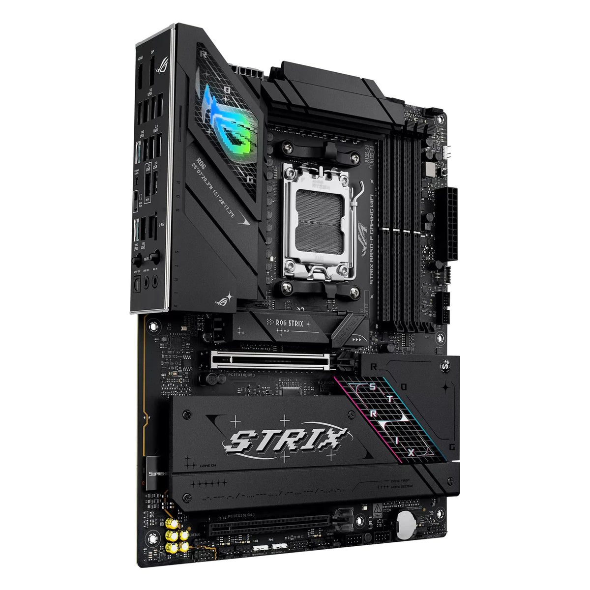 ASUS ROG STRIX B850-F GAMING WIFI — vue en perspective à 45 degrés sur fond blanc carré — réf. 90MB1J70-M0EAY0