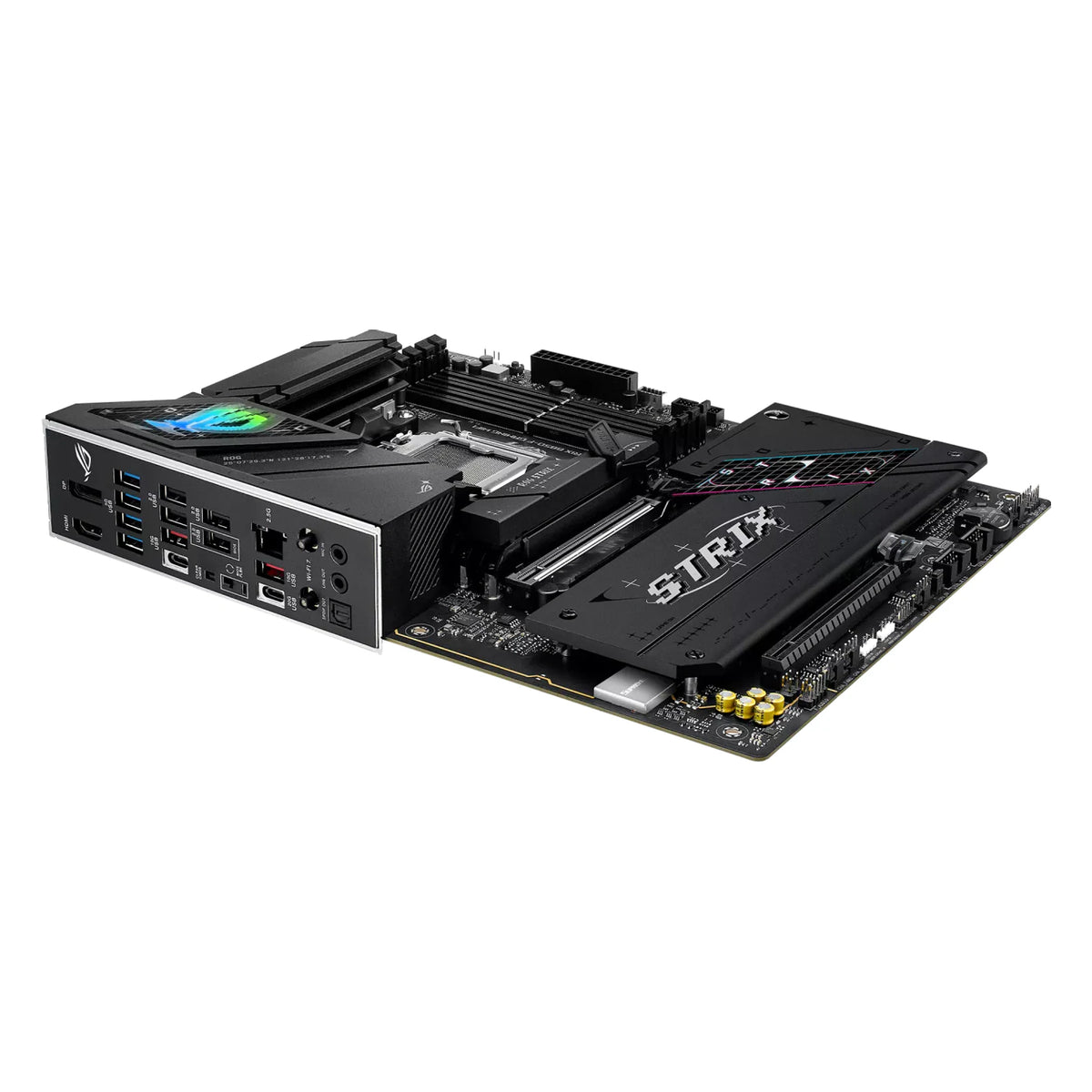 ASUS ROG STRIX B850-F GAMING WIFI — connectique arrière sur fond blanc carré — réf. 90MB1J70-M0EAY0
