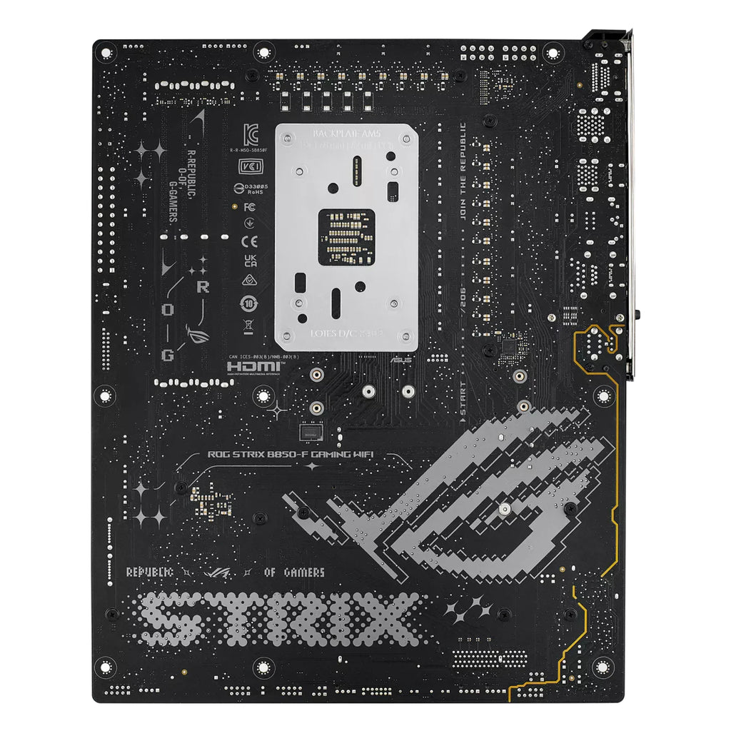 ASUS ROG STRIX B850-F GAMING WIFI — vue arrière sur fond blanc carré — réf. 90MB1J70-M0EAY0