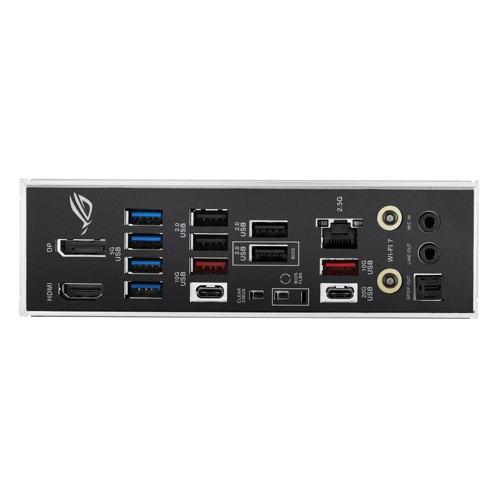 ASUS ROG STRIX B850-F GAMING WIFI — connectique arrière sur fond blanc carré — réf. 90MB1J70-M0EAY0