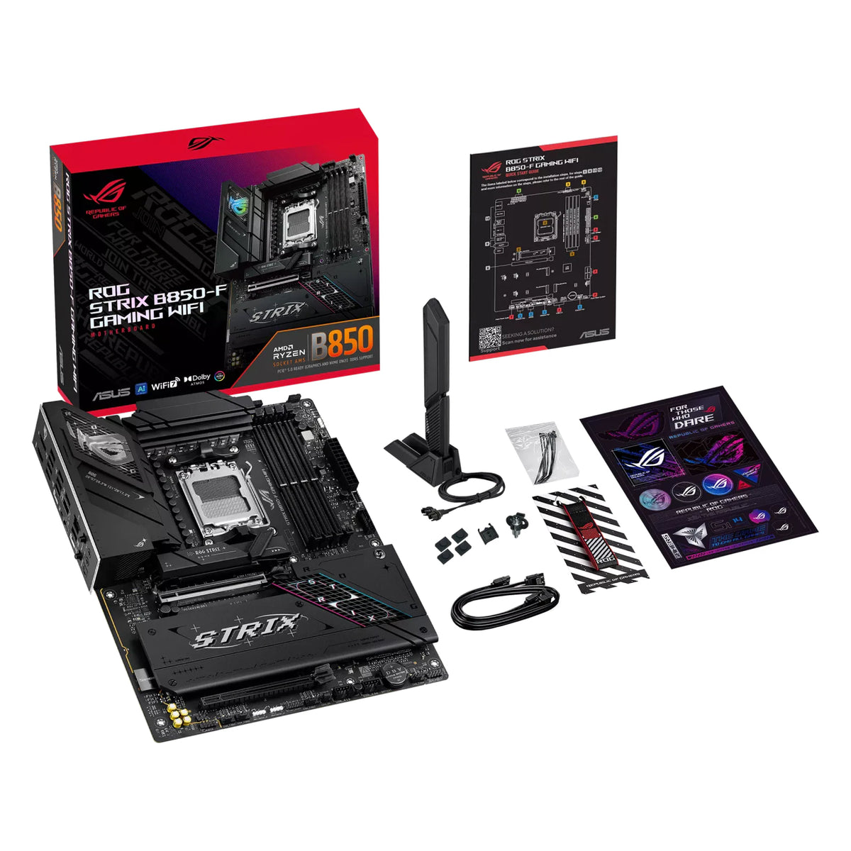 ASUS ROG STRIX B850-F GAMING WIFI — vue avec emballage sur fond blanc carré — réf. 90MB1J70-M0EAY0