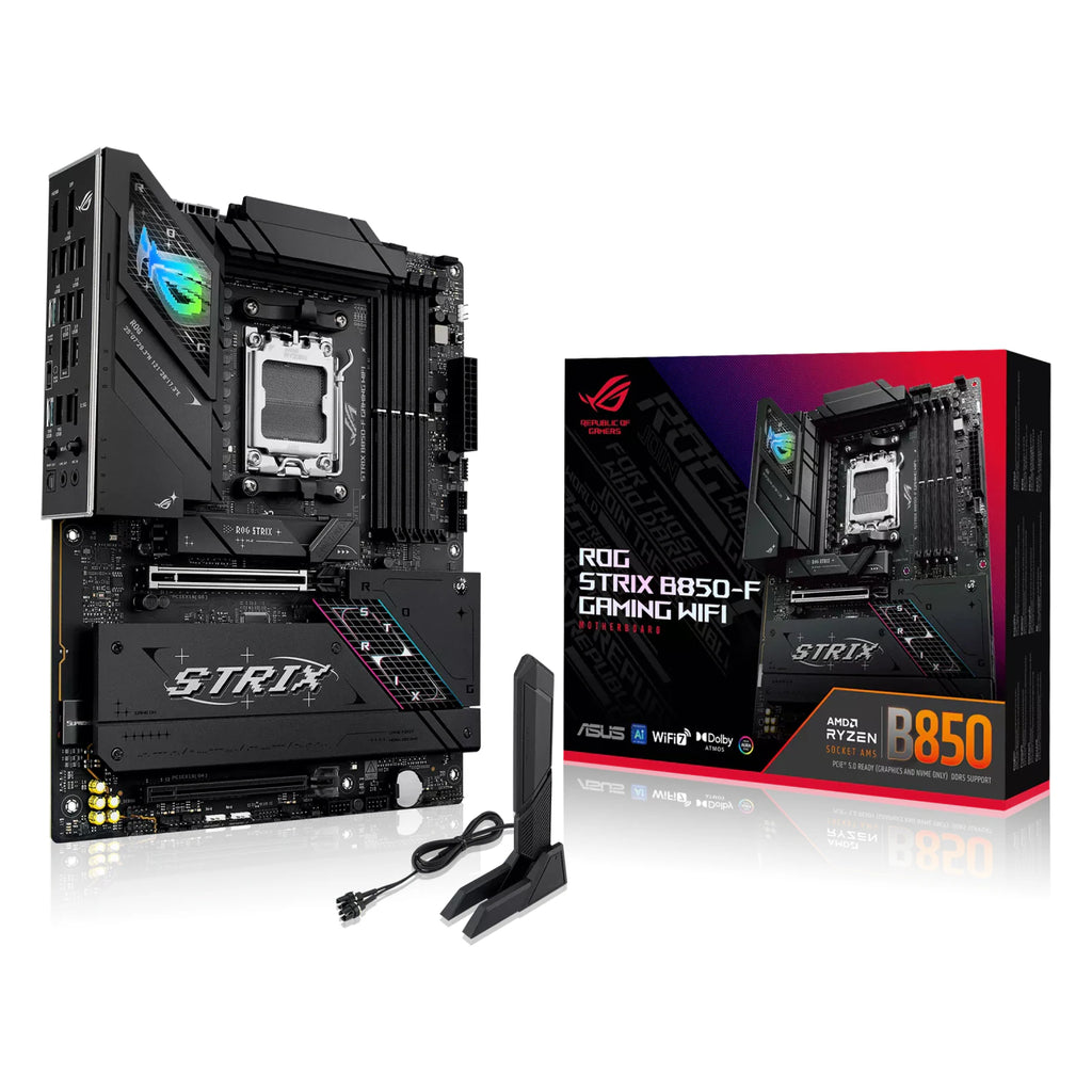 ASUS ROG STRIX B850-F GAMING WIFI — vue en perspective à 45 degrés sur fond blanc carré — réf. 90MB1J70-M0EAY0