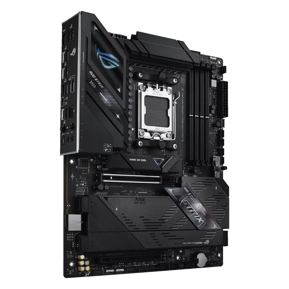 ASUS ROG STRIX B850-F GAMING WIFI7 NEO — vue en perspective sur fond blanc carré — réf. 90MB1NX0-M0EAY0