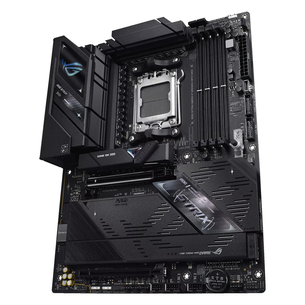 ASUS ROG STRIX B850-F GAMING WIFI7 NEO — vue en perspective sur fond blanc carré — réf. 90MB1NX0-M0EAY0