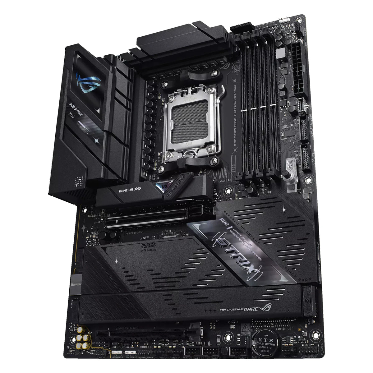ASUS ROG STRIX B850-F GAMING WIFI7 NEO — vue en perspective sur fond blanc carré — réf. 90MB1NX0-M0EAY0