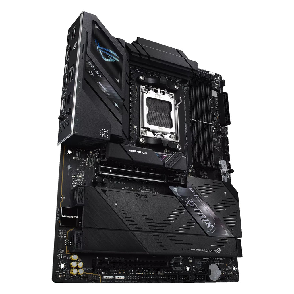 ASUS ROG STRIX B850-F GAMING WIFI7 NEO — vue en perspective sur fond blanc carré — réf. 90MB1NX0-M0EAY0