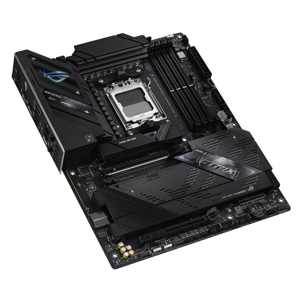 ASUS ROG STRIX B850-F GAMING WIFI7 NEO — vue en perspective sur fond blanc carré — réf. 90MB1NX0-M0EAY0