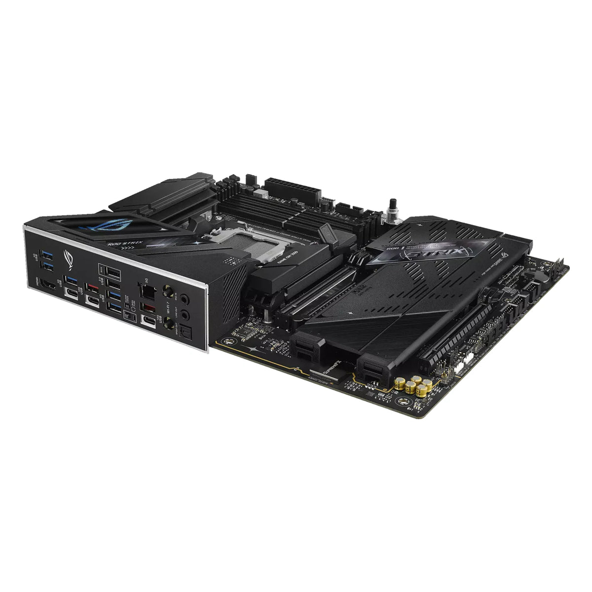 ASUS ROG STRIX B850-F GAMING WIFI7 NEO — vue en perspective sur fond blanc carré — réf. 90MB1NX0-M0EAY0