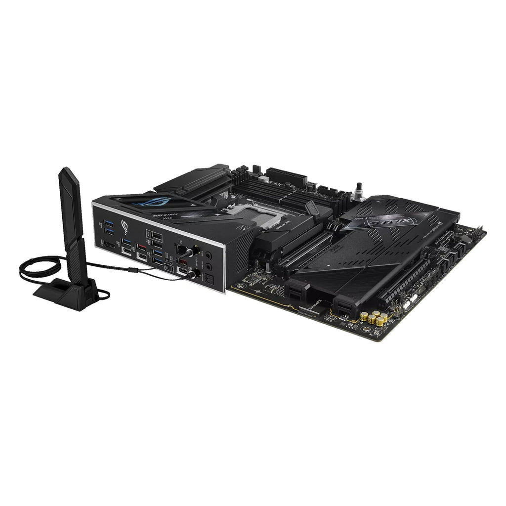 ASUS ROG STRIX B850-F GAMING WIFI7 NEO — vue avec antenne Wi-Fi sur fond blanc carré — réf. 90MB1NX0-M0EAY0