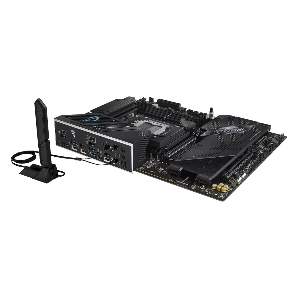 ASUS ROG STRIX B850-F GAMING WIFI7 NEO — vue avec antenne Wi-Fi sur fond blanc carré — réf. 90MB1NX0-M0EAY0