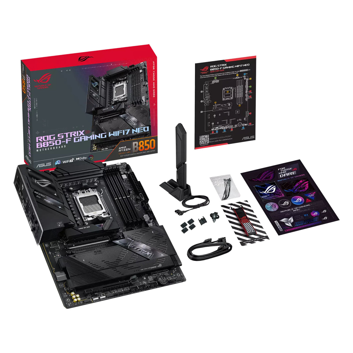 ASUS ROG STRIX B850-F GAMING WIFI7 NEO — contenu de la boîte sur fond blanc carré — réf. 90MB1NX0-M0EAY0