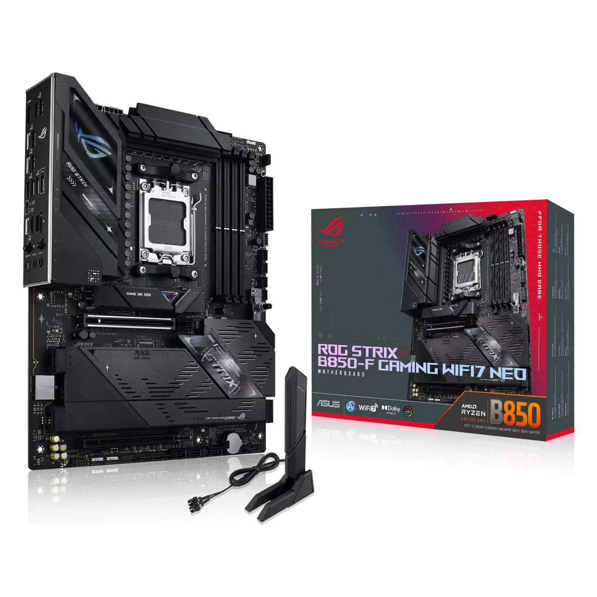 ASUS ROG STRIX B850-F GAMING WIFI7 NEO — vue avec emballage sur fond blanc carré — réf. 90MB1NX0-M0EAY0