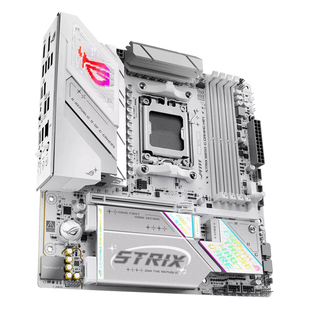 ASUS ROG STRIX B850-G GAMING WIFI — vue en perspective à 60 degrés sur fond blanc carré — réf. 90MB1M30-M0EAY0