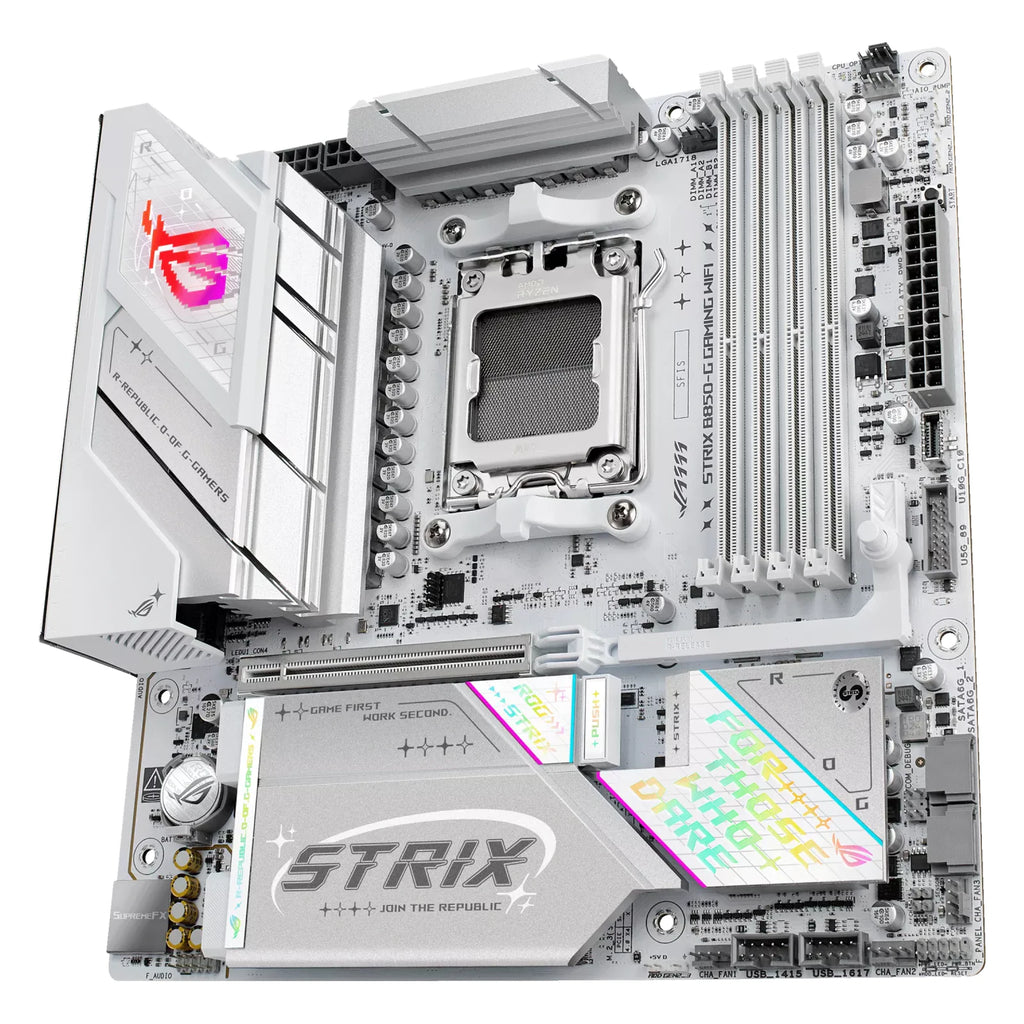 ASUS ROG STRIX B850-G GAMING WIFI — vue en perspective à 60 degrés sur fond blanc carré — réf. 90MB1M30-M0EAY0