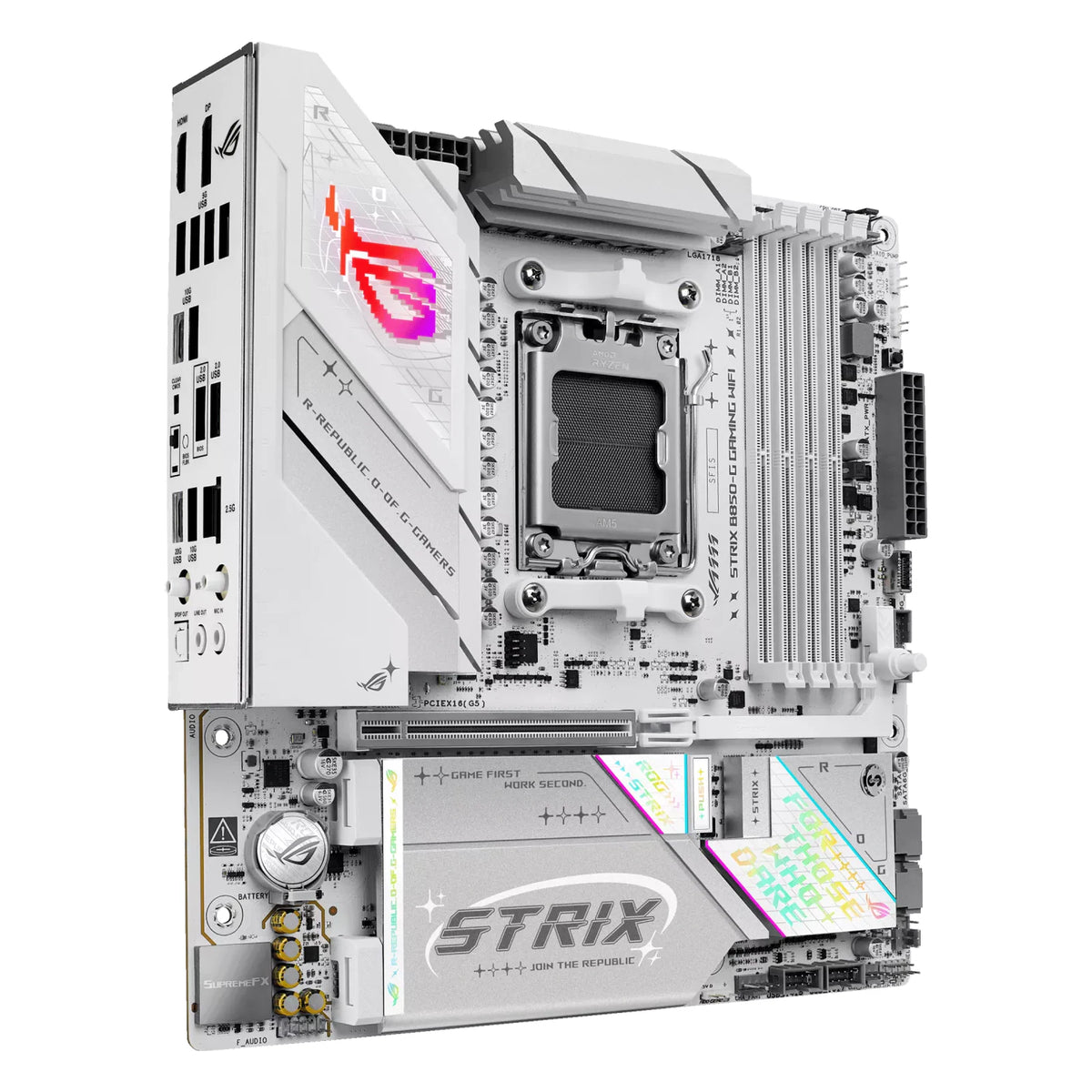 ASUS ROG STRIX B850-G GAMING WIFI — vue en perspective à 45 degrés sur fond blanc carré — réf. 90MB1M30-M0EAY0