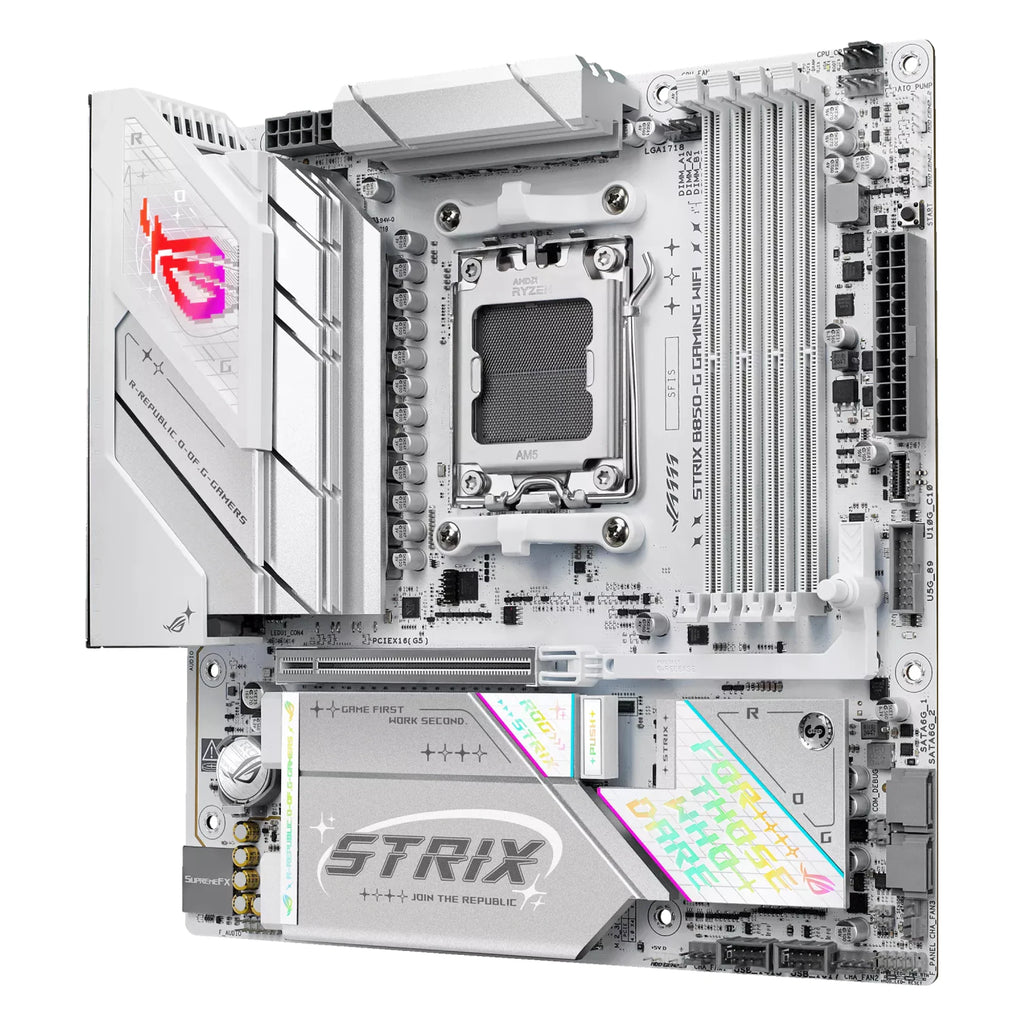 ASUS ROG STRIX B850-G GAMING WIFI — vue en perspective à 45 degrés sur fond blanc carré — réf. 90MB1M30-M0EAY0
