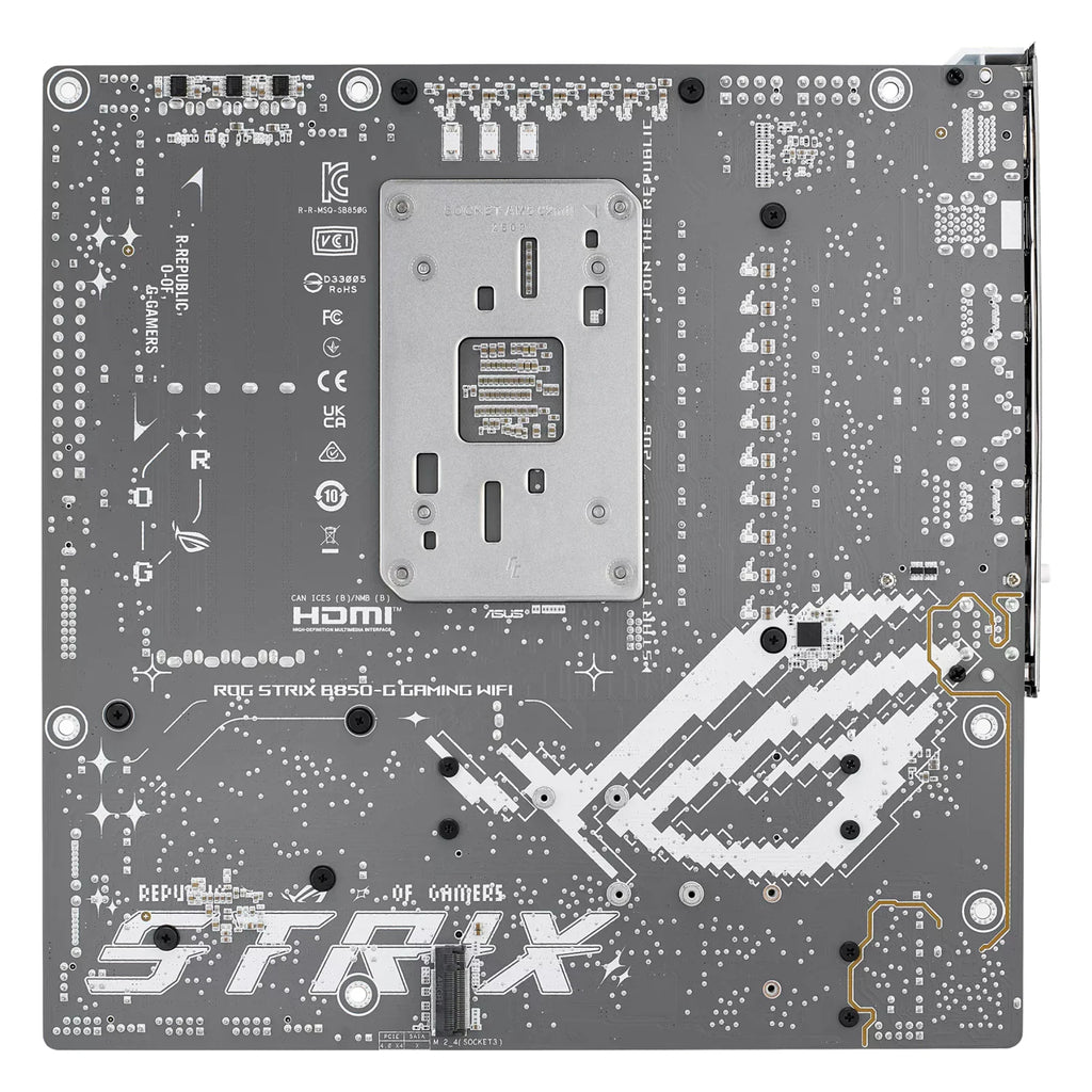 ASUS ROG STRIX B850-G GAMING WIFI — vue arrière sur fond blanc carré — réf. 90MB1M30-M0EAY0