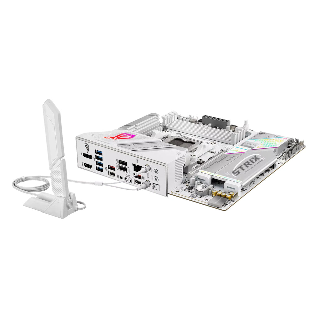 ASUS ROG STRIX B850-G GAMING WIFI — vue avec antenne Wi-Fi sur fond blanc carré — réf. 90MB1M30-M0EAY0