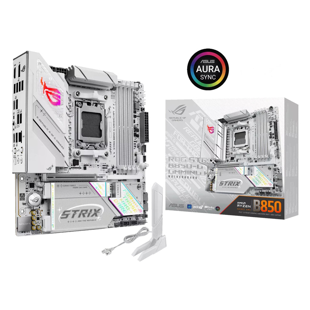 ASUS ROG STRIX B850-G GAMING WIFI — vue en perspective à 45 degrés sur fond blanc carré — réf. 90MB1M30-M0EAY0